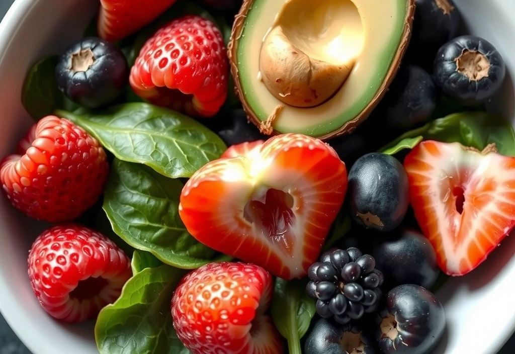 Eine Schale mit frischem Obst und Gemüse, symbolisiert gesunde Ernährung.