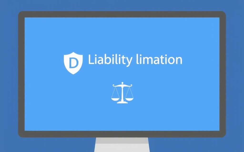 Bildschirm mit einer Warnmeldung über Haftungsbeschränkung, symbolisiert durch ein Schild und eine Waage
